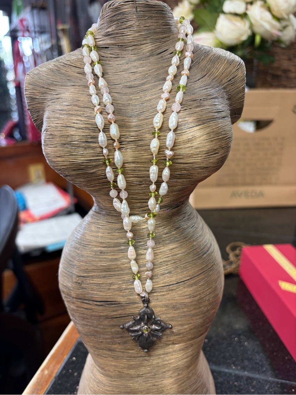 Pearl and Olive Bead Long Necklace with Antique Silver Cross Pendant